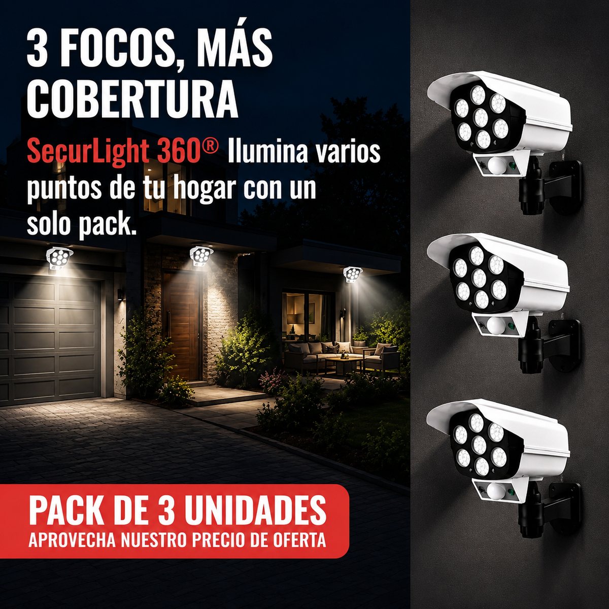 SecurLight 360® | Foco Solar Disuasivo Tipo Cámara de Seguridad