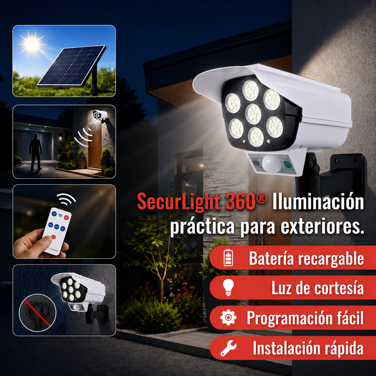 SecurLight 360® | Foco Solar Disuasivo Tipo Cámara de Seguridad