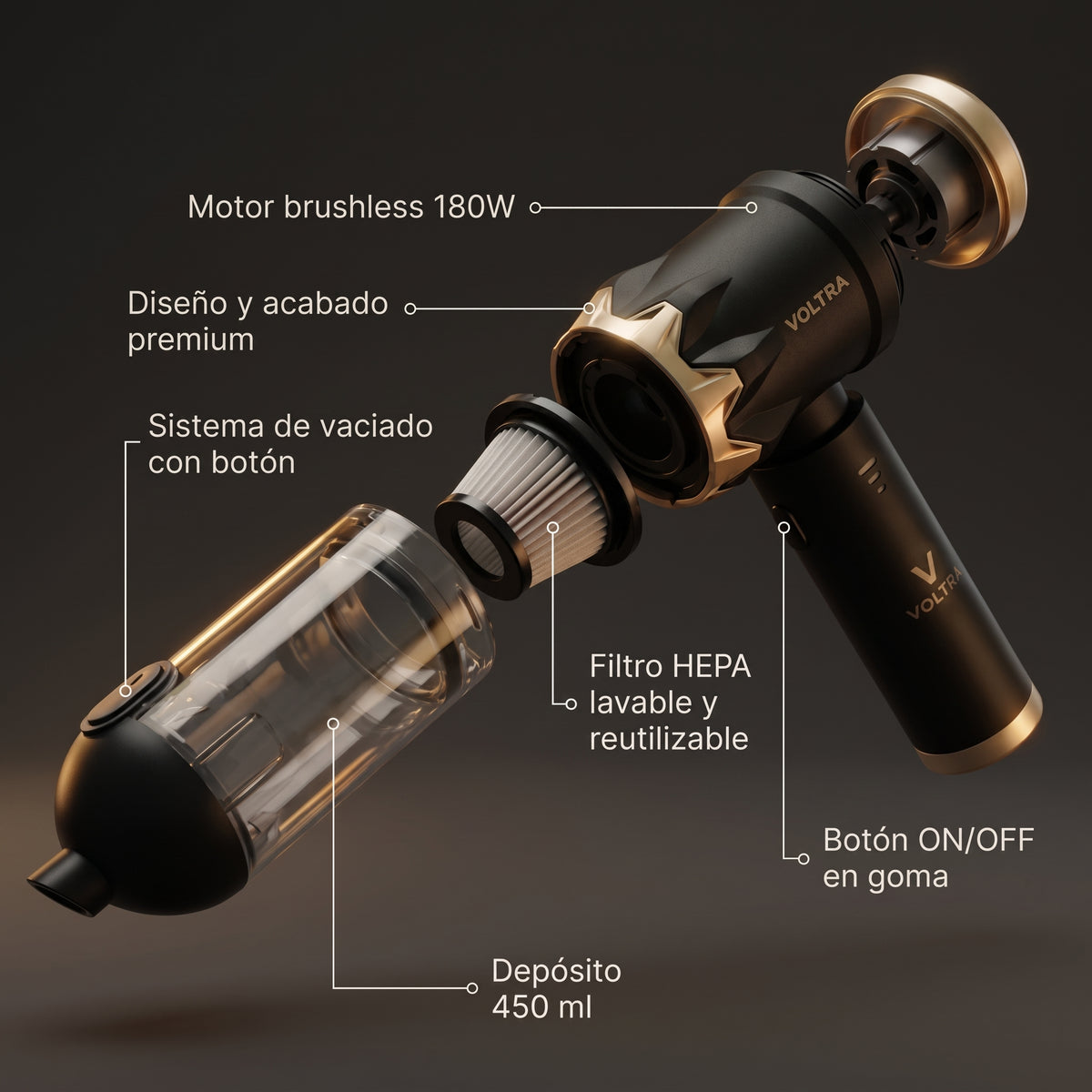 Aspiradora de Mano Inalámbrica Voltra® 3 en 1 Black Edition (Filtro HEPA y Adaptador de Carga de REGALO)